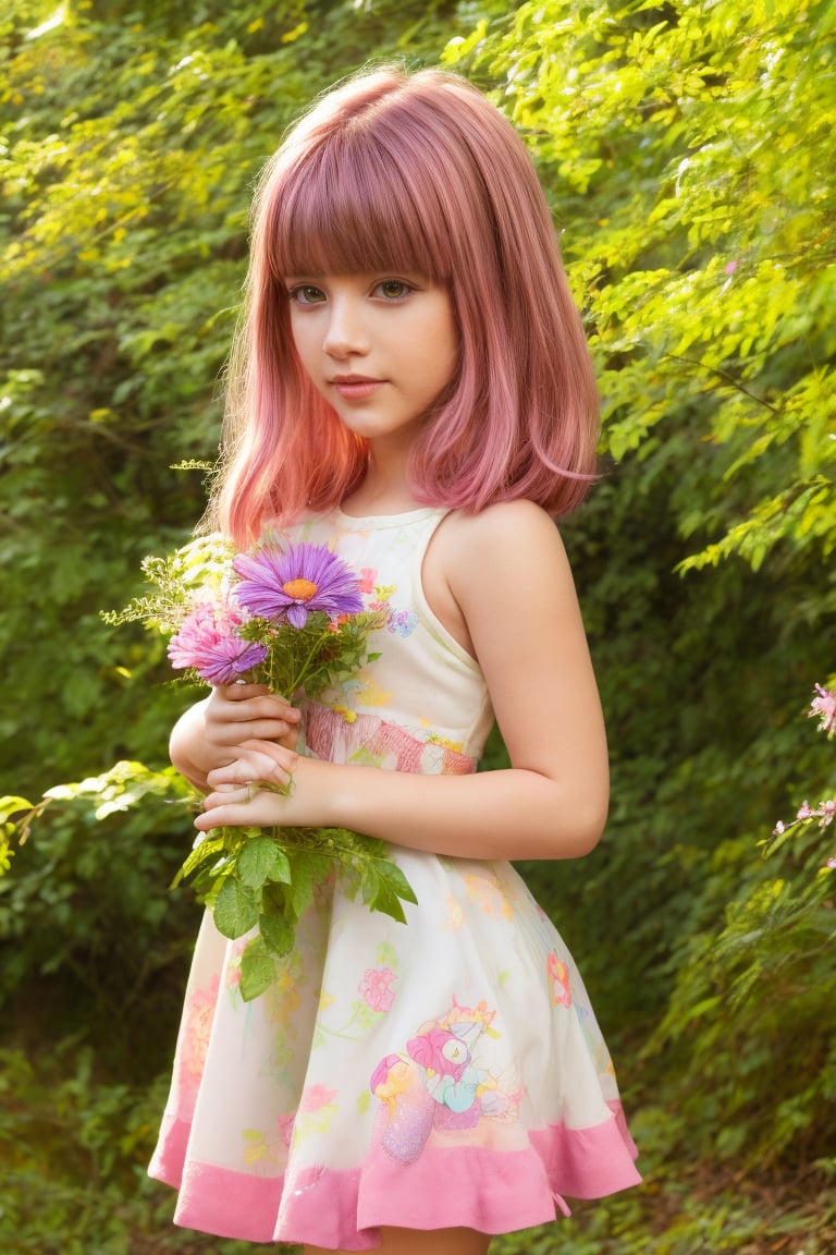 A delicate, extremely cute petite sweet anime girl poses in a whimsical forest setting, surrounded by vibrant wildflowers and towering trees. Soft, warm sunlight filters through the leaves, casting a gentle glow on her bright pink hair and porcelain skin. She wears a tiny white dress with ruffled details and holds a bouquet of colorful flowers, exuding innocence and playfulness.