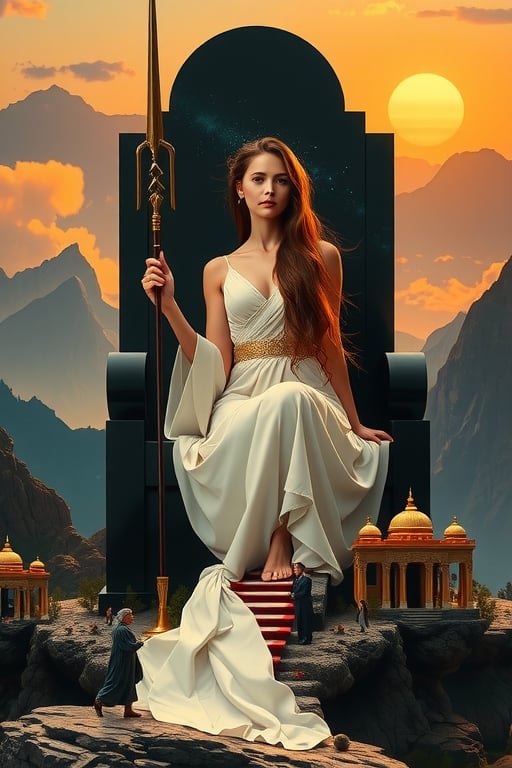 "A grand, awe-inspiring painting blending the dramatic landscapes of Albert Bierstadt with the cosmic visions of Chesley Bonestell. In the centre, a 23-year-old woman with flawless features sits regally on a colossal throne carved from smooth black obsidian, her figure exuding both power and serenity. Her long, luxurious brunette hair cascades over her shoulders, and her piercing emerald green eyes seem to hold the secrets of the universe. She is adorned in a flowing, white silk gown that glimmers like moonlight, capturing the light from the twin suns in the sky, casting surreal, otherworldly shadows across the scene.The throne, a monolithic structure, dominates the landscape, its black surface polished to perfection. She holds a massive spear, an emblem of authority, in her hand. Surrounding her are miniature temples, delicately crafted from marble and gold, nestled among verdant mountains and valleys that seem almost insignificant beside her colossal presence. Tiny worshippers, draped in robes, bow in reverence, their forms dwarfed by the sheer scale of their goddess-like figure.Above, the sky is an ethereal mix of warm hues, with binary suns hanging low, their light casting a dual spectrum across the landscape. The atmosphere is thick with reverence and awe, the details of the scene intricately painted to evoke a sense of otherworldly grandeur. Every element, from the texture of the gown to the glint of light on the obsidian throne, is rendered with exquisite detail, creating a masterpiece that captures the viewer's imagination and transports them to a realm of divine beauty and cosmic wonder."This prompt enhances the depth, detail, and grandeur, aiming for a truly epic and passionate masterpiece. If you’d like to proceed with this or make further adjustments, just let me know!