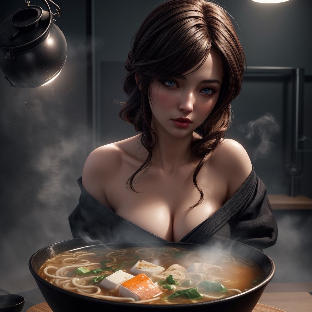 ((masterpiece, best quality)), gorgeous miniaturized sized gorgeous japanese woman aged 23 adult braided black hair stunning body beautiful eyes beautiful body beautiful face, bathing inside a colossal sized steaming bowl of miso ramen, big attractive detailed render eyecandy breathtaking 8k greg rutkowski artgerm wlop alphonse mucha dynamic lighting hyperdetailed intricately detailed splash art artstation, colossal sized room in the background, vibrant colors volumetric lighting, unreal engine insane detail, ultra realistic, frostbite 3 engine, cryengine,