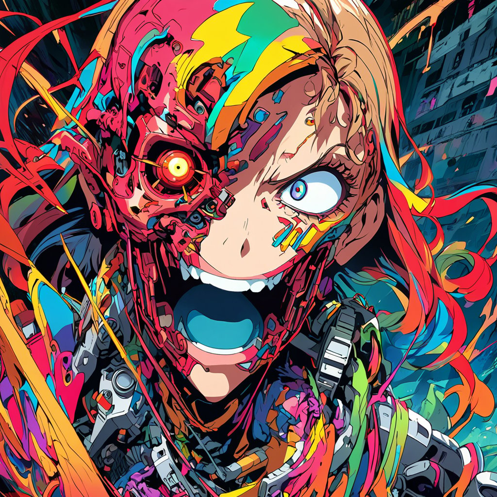 female t-800 terminator. Japanese woman scared face showing metal exoskeleton face, Intricate detailed , anime illustration, vibrant colours.