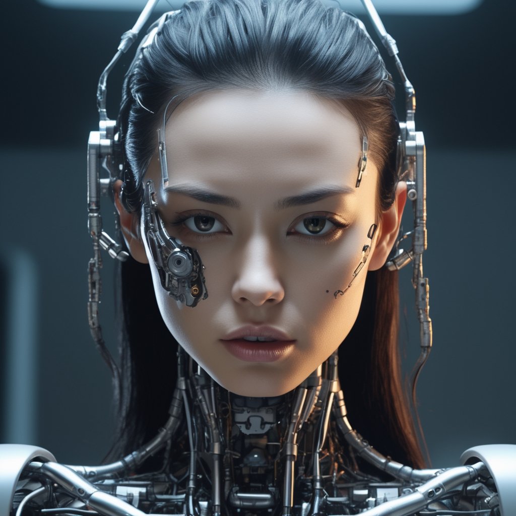 In a world where technology and beauty merge in an unexpected harmony, behold a remarkable creation. A stunning Japanese woman, aged 23, with braided black hair and a face of enchanting beauty, stands before you. But she is not merely human; she is a T-800 cybernetic Terminator, seamlessly integrating cutting-edge technology with the allure of her physical form, inspired by the iconic Terminators from "Terminator 2: Judgment Day."

Her stunning body, beautiful eyes, and symmetrical features are a testament to the artistry of her creation. However, beneath her organically molded skin, the intricate cybernetics that comprise her body peek through, revealing the fascinating fusion of machine and humanity.

The scene is bathed in breathtaking detail and vibrant colors, rendered in astonishing 8K resolution. Inspired by the styles of Greg Rutkowski, Artgerm, WLOP, Alphonse Mucha, and the Studio Ghibli aesthetic, it captures the essence of natural lighting and beautiful composition. The result is an immersive experience that seamlessly blends realism with the fantastical.

As you delve deeper into this hyperrealistic world, you'll discover the magic of Unreal Engine 5, Frostbite 3 Engine, CryEngine, and Unity 5 at play. With their capabilities, this creation becomes more than a mere concept; it's an artful masterpiece. Prepare to witness the intricate detailing, sharp focus, and cinematic atmosphere that bring this stunning fusion of human and machine, inspired by "Terminator 2: Judgment Day," to life.

This is a visual narrative that explores the boundaries of beauty, technology, and artistry, challenging the conventional notions of what it means to be human in an age of unprecedented innovation.