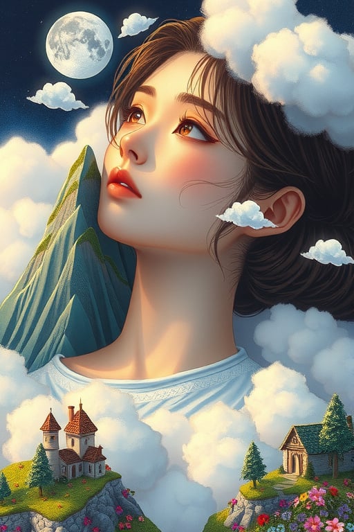 in style of vibrant pencil illustration. anime gigantic scale Gorgeous woman, using a miniature scale mountain as a pillow as she looks up.at tiny scale moon in the scale. she's in 20 years old. she is surrounded by an intricate detail miniature scale landscape, her blankets are fluffy white clouds, there are miniature fantasy villages surrounded by fields of tiny multi coloured flowers.  cinematic lighting , depth of view, 