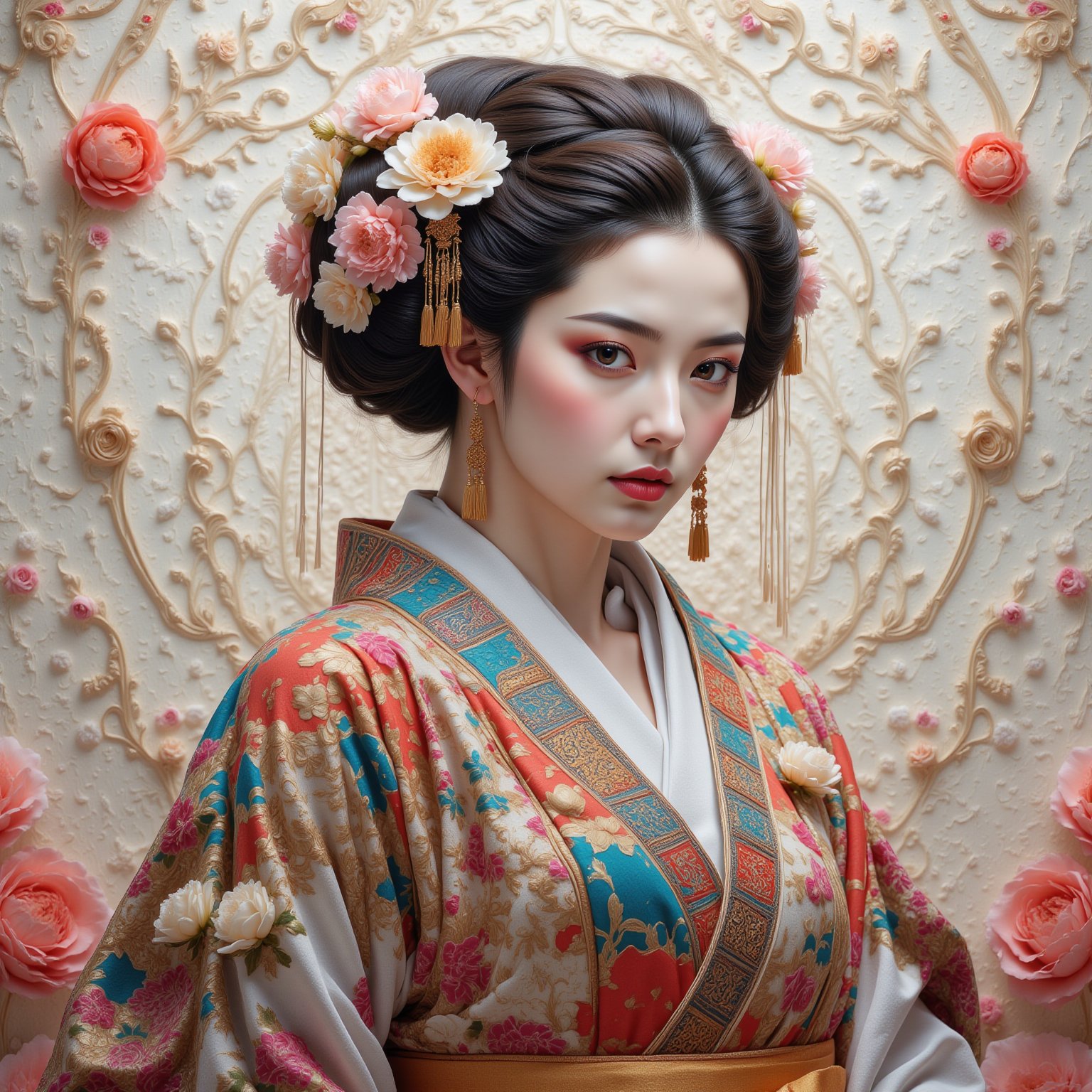 A colossal, intricately adorned Japanese woman stands in her majestic beauty, her flawless porcelain skin accentuated by an elaborate, floral kimono. Her eyes, expressive and filled with ancient wisdom, stare out with an ethereal grace, as her elegantly sculpted neck extends upwards, adorned with golden threads and ceremonial jewelry. The vibrant patterns of her kimono are a tapestry of blooming chrysanthemums, symbolizing both longevity and rejuvenation. Her headdress, bursting with an array of delicate flowers and shimmering tassels, towers like a garden of dreams, each petal and bead meticulously arranged, reflecting her youthful allure and immense presence.

At her feet, a smaller woman in her 30s gazes upward in awe and contemplation. Her expression is one of reverence and wonder, a subtle longing intertwined with admiration. She stands in a minimalist yet modern kimono, its soft earth tones in sharp contrast to the vivid vibrancy of the towering figure before her. The scale difference between them creates an almost surreal visual—a contrast between the earthly and the divine, the mortal and the mythical.

The atmosphere is thick with unspoken emotion, the intimate connection between the two women reflecting the complexity of femininity, tradition, and sensual beauty. The smaller woman’s delicate hand rests gently on her chest, as if feeling the weight of her thoughts, her gaze trailing over the monumental figure that represents ideals, dreams, and perhaps unattainable beauty. There's a subtle narrative of self-reflection, of what it means to look up to something seemingly larger than life, while still being part of the same world—both separated by scale, but connected by essence. 

The visual contrast of these two figures encapsulates a story of admiration, desire, and the evolving nature of identity within a landscape rich in history and personal discovery.