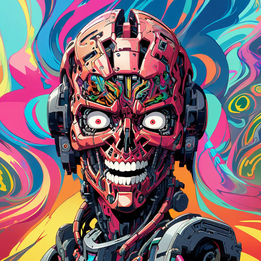 female t-800 terminator. Japanese woman scared face showing metal exoskeleton face, Intricate detailed , anime illustration, vibrant colours.