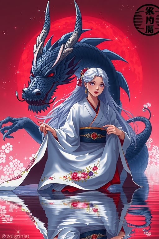 ((masterpiece, best quality)), gorgeous Japanese girl, white hair, silk kimono, rest, black dragon behind, sparkle, water, hd, mix of fantastic and realistic elements,uhd image,crystal clear translucency,vibrant artwork, cosmic style,giant_this_guy,long