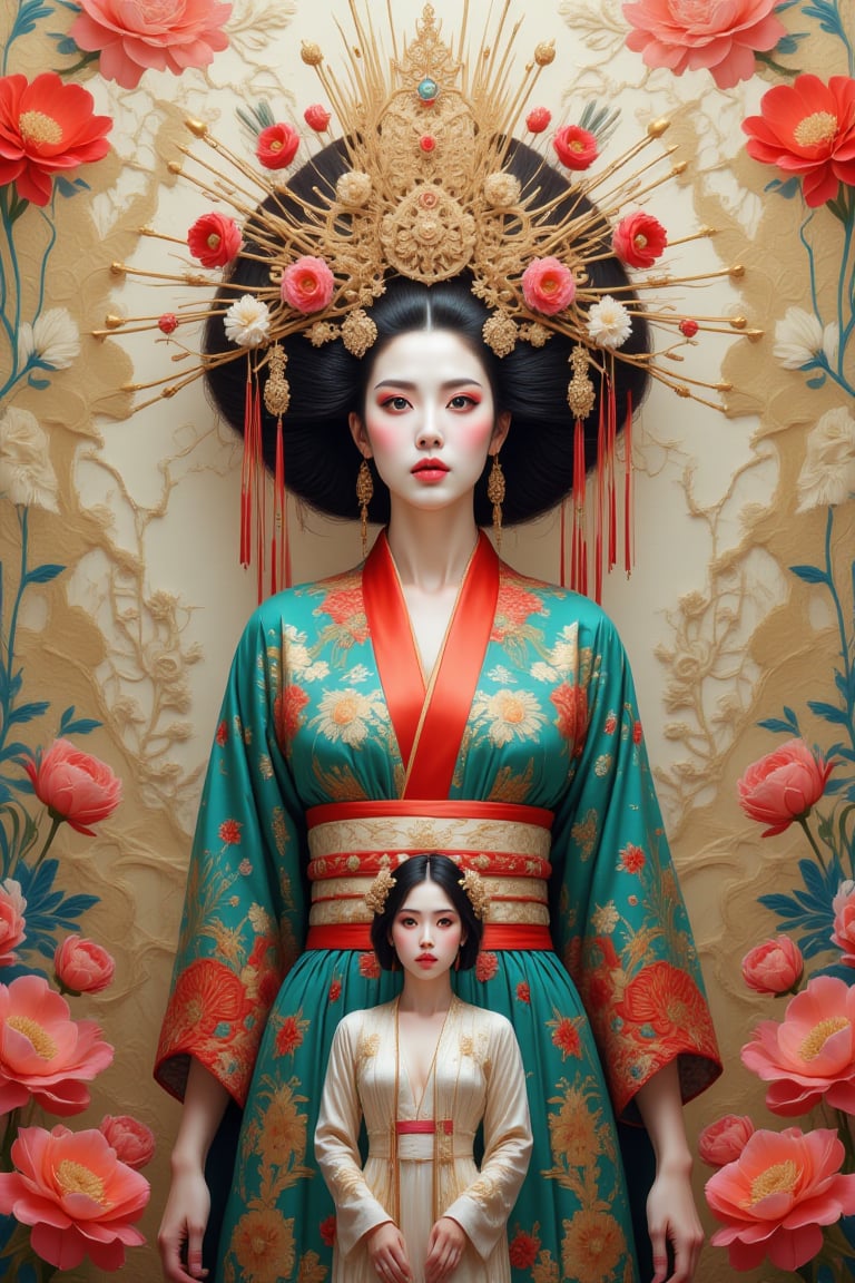 A colossal, intricately adorned Japanese woman stands in her majestic beauty, her flawless porcelain skin accentuated by an elaborate, floral kimono. Her eyes, expressive and filled with ancient wisdom, stare out with an ethereal grace, as her elegantly sculpted neck extends upwards, adorned with golden threads and ceremonial jewelry. The vibrant patterns of her kimono are a tapestry of blooming chrysanthemums, symbolizing both longevity and rejuvenation. Her headdress, bursting with an array of delicate flowers and shimmering tassels, towers like a garden of dreams, each petal and bead meticulously arranged, reflecting her youthful allure and immense presence.

At her feet, a smaller woman in her 30s gazes upward in awe and contemplation. Her expression is one of reverence and wonder, a subtle longing intertwined with admiration. She stands in a minimalist yet modern kimono, its soft earth tones in sharp contrast to the vivid vibrancy of the towering figure before her. The scale difference between them creates an almost surreal visual—a contrast between the earthly and the divine, the mortal and the mythical.

The atmosphere is thick with unspoken emotion, the intimate connection between the two women reflecting the complexity of femininity, tradition, and sensual beauty. The smaller woman’s delicate hand rests gently on her chest, as if feeling the weight of her thoughts, her gaze trailing over the monumental figure that represents ideals, dreams, and perhaps unattainable beauty. There's a subtle narrative of self-reflection, of what it means to look up to something seemingly larger than life, while still being part of the same world—both separated by scale, but connected by essence. 

The visual contrast of these two figures encapsulates a story of admiration, desire, and the evolving nature of identity within a landscape rich in history and personal discovery.