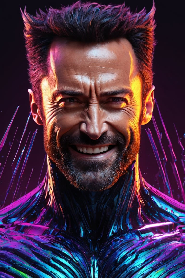 impossibly beautiful full body portrait of Hugh Jackman wolverine marvel comics, shapeshifter entity, insane smile, intricate complexity, surreal horror, inverted neon rainbow drip paint, trending on art station, photoreal, 8 k, octane render by greg rutkowski, HR Giger 