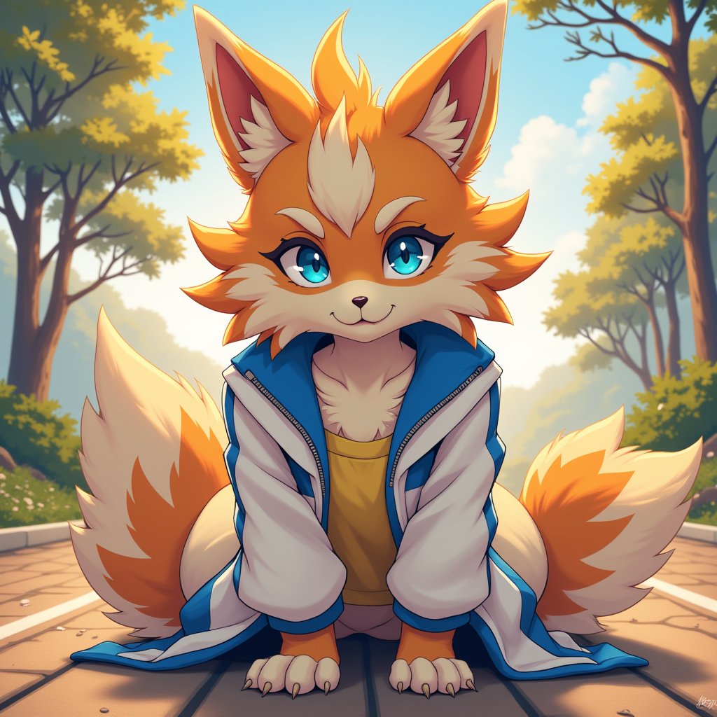 Here's a prompt that meets your requirements:

A masterpiece of pop art style, with best quality settings. A gorgeous anthro female kemono, aged 23, sits proudly in the foreground, her detailed fluffy fur and star-shaped blue eyes glistening under a warm, golden lighting. She wears a white jacket with a blue collar, pinched between her fingers as if presenting her prized possession. From a first-person view, looking down at the viewer from an isometric perspective, as if sharing a secret. Her expression is confident, with a hint of mischievousness. In the background, a subtle gradient of tree-lined horizon meets the sky, inspired by the iconic Treecko Pokémon design. This stunning portrait, uploaded on E621, showcases the beauty of PinchingPOV's art style, courtesy of SAM YANG and FurryCore.