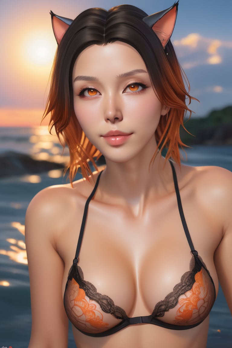 epic Shonen manga art , a sexy beautiful Japanese lingerie model with auburn eyes, golden wet tattooed skin shining, orange sunset light, laying down, coy smile, tanned skin, see through black lace lingerie, black wavy shiny hair, 50mm portrait, sun , glamour, soft curves, ass, full wet lips, Studio Ghibli, Anime Key Visual, by Makoto Shinkai, Deep Color, Intricate, 8k resolution concept art, Natural Lighting, Beautiful Composition, trending on Artstation Unreal Engine 3D shading shadow depth, HDR, beautifully shot, hyperrealistic, sharp focus, 64 megapixels, perfect composition, high contrast, cinematic, atmospheric, moody. By Choky Sinaminsanely detailed and intricate, highly detailed, artstation by WLOP, by artgerm, art by Tom Bagshaw, Atey Ghailan, Andrew Atroshenko, Stanley Artgerm, CryEngine, unreal engine 5, unity 3d
