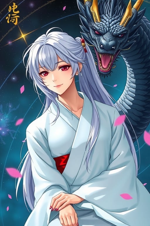 ((masterpiece, best quality)), gorgeous Japanese girl, white hair, silk kimono, rest, black dragon behind, sparkle, water, hd, mix of fantastic and realistic elements,uhd image,crystal clear translucency,vibrant artwork, cosmic style,giant_this_guy,long