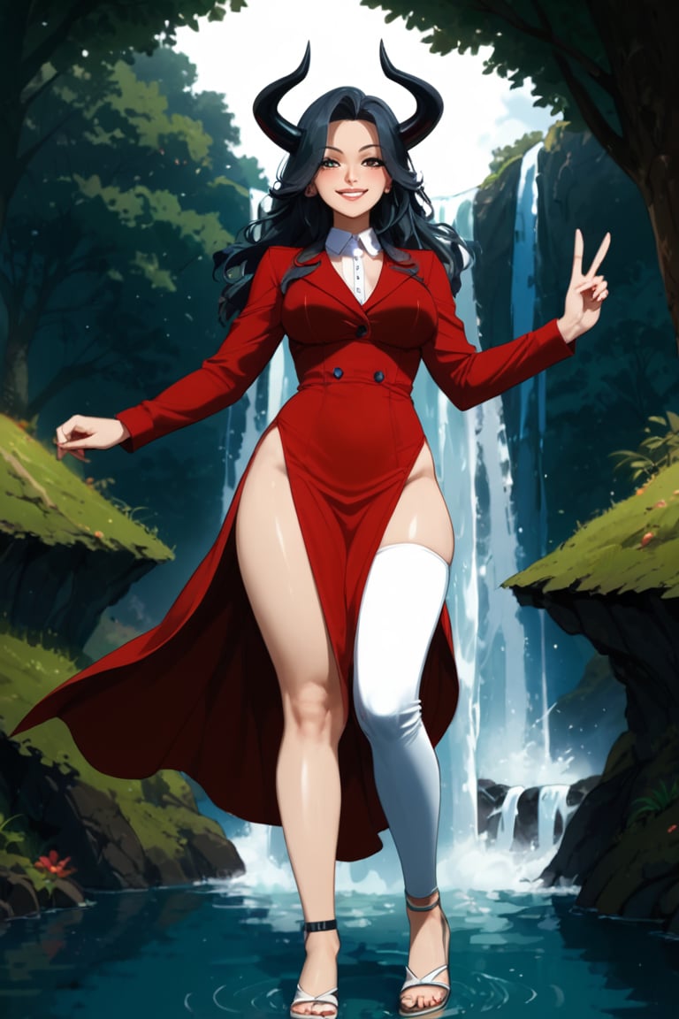 A serene anime-inspired scene: Eri stands solo in a peaceful forest setting, her long hair cascading down her back like a waterfall. Her eyes gleam red as she gazes into the distance, one half closed and a sly smile playing on her lips. Big, puffy lips curve upward, framing her shirt with long sleeves and a collared white collar. A single horn protrudes from her forehead, surrounded by grey hair that flows like mist around her face. She wears a flowing red dress with pleats, the hem barely visible beneath her feet. In one hand, she holds up the peace sign, as if channeling harmony and tranquility.,ani_booster