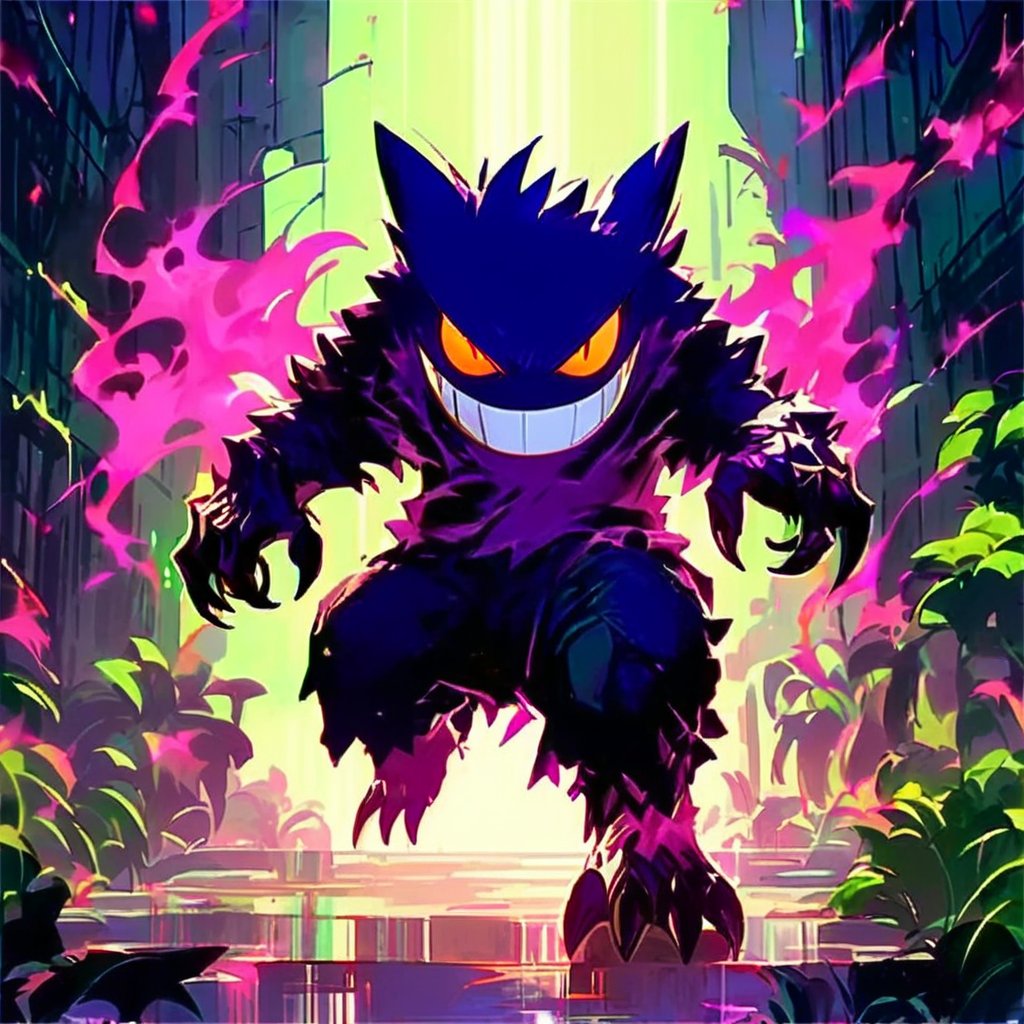 score_9, score_8_up, score_7_up, source_anime, volumetric lighting, ghost pokemon, gengar and tentacruel mix, full body, no humans, claws, nightime jungle background, purple phantom body, 