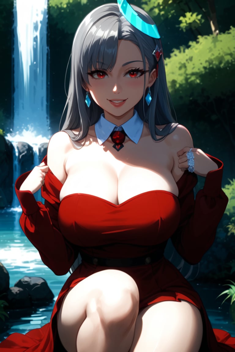 A serene anime-inspired scene: Eri stands solo in a peaceful forest setting, her long hair cascading down her back like a waterfall. Her eyes gleam red as she gazes into the distance, one half closed and a sly smile playing on her lips. Big, puffy lips curve upward, framing her shirt with long sleeves and a collared white collar. A single horn protrudes from her forehead, surrounded by grey hair that flows like mist around her face. She wears a flowing red dress with pleats, the hem barely visible beneath her feet. In one hand, she holds up the peace sign, as if channeling harmony and tranquility.,ani_booster