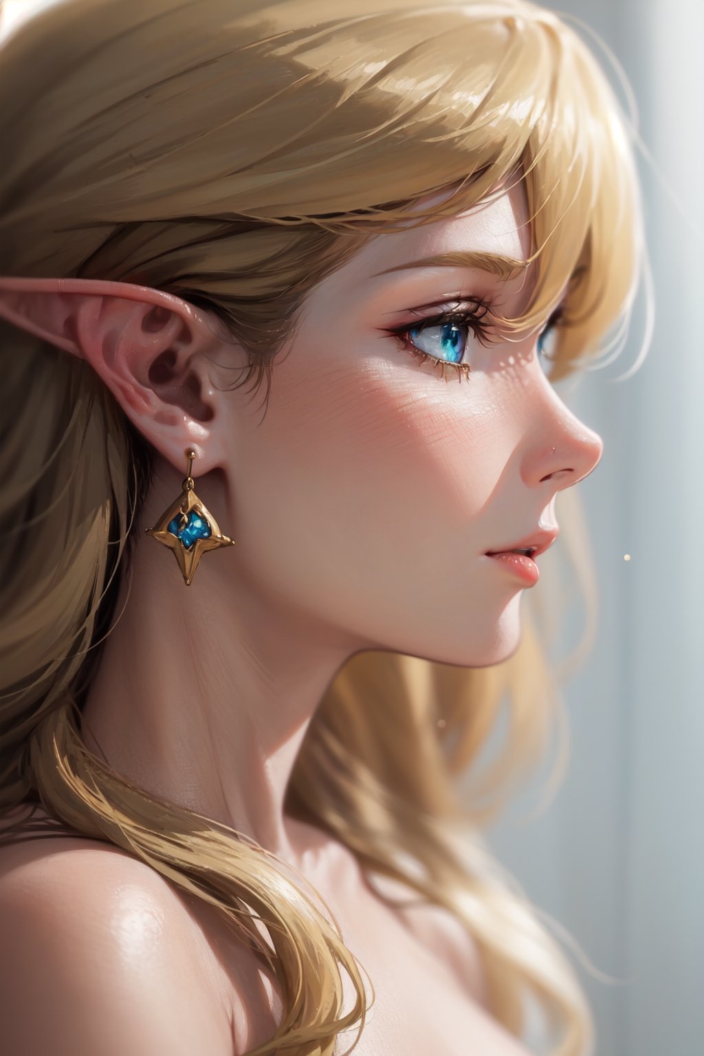 (strong jawline, mature adult woman),  ((half profile elf woman face macro close-up)), solo, fantastic eyes, pointed elf ear, earring, small cute celestial [upturned] nose, blonde hair, blushing, cut-off
Neg: Mouth, Neck, frontales,perfecteyes