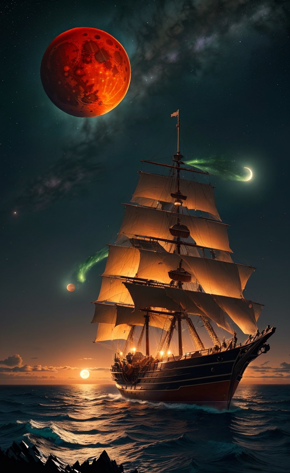 Extremely detailed 8k wallpaper,(Highly detailed:1.1), ((Masterpiece:1.1)) Intricate , fantasy,(1 boat),(Ocean:1.2),[Pirate Ship:ship with (Green fire:1.2):0.1], Clear sky ,Wind ,Beautiful sky,(nightsky),(milky ways), (Huge blood moon in the background:1.05), Pirate Ship (((extremely detailed))) 