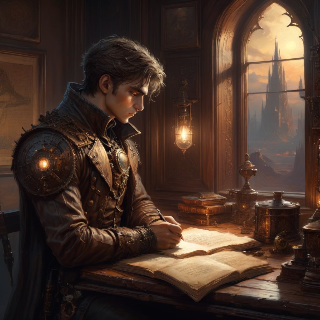 A very handsome young writing a poem, he is thinking of past, he has tears in his eyes, low light in his room, sitting close to the study table, close shot inspired by beksinski and dan mumford, trending on artstation, art by greg rutkowski, 8 k,steampunk style