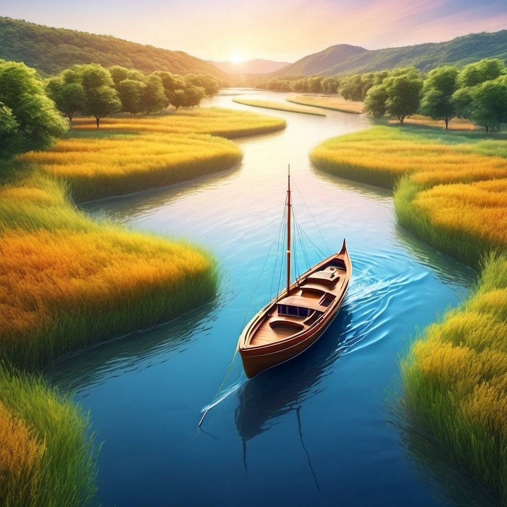 Create an illustration of a boat in the river sailing and clearing the grasses are on both the sides, colorful atmosphere, drone shot ((extremely detailed)) 