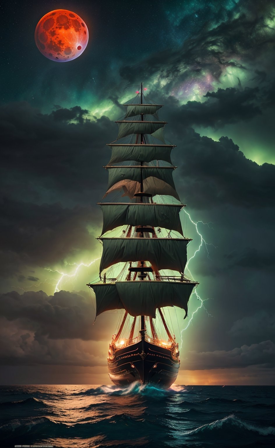 Extremely detailed 8k wallpaper,(Highly detailed:1.1), ((Masterpiece:1.1)) Intricate , fantasy,(1 boat),(Ocean:1.2),[Pirate Ship:ship with (Green fire:1.2):0.1], Clear sky ,Wind ,Beautiful sky,(nightsky),(milky ways), (Huge blood moon in the background:1.05), Pirate Ship ,stormy background, neon lightning thunderstorms, (((extremely detailed))) 