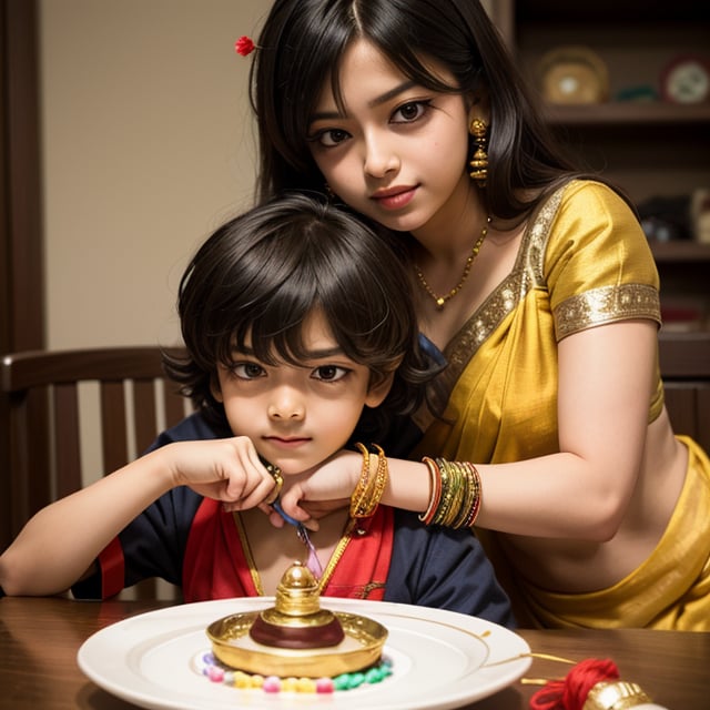 (Masterpiece) An anime illustration of 1 girl wearing a saree, sitting in front of a boy, tying rakhi on the hand of the boy, rakhi is kept on the table, they are celebrating Indian festival Rakshabandhan, anime style, extremely detailed eye ((Rakshabandhan)) (((1girl and 1boy))), ((brother and sister))full photo, wide angle shot, (((tying rakhi on the hand))),Kanna Kamui ,spritehex