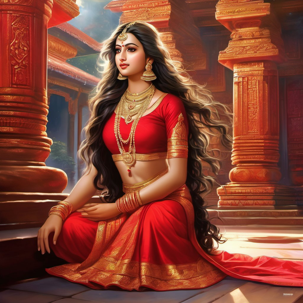 ((best quality)), ((masterpiece)), ((best illustration)), ((realistic)), 18-years old girl, long hair, curly hair, A Hindu God is in front of her, The god is in front, she is wearing alluring dress, flowing red dress,sitting back side shot,on eye level, worshiping god in temple, in front of god ((sitting)), (((tmeple))),masterpiece, 1 girl, 