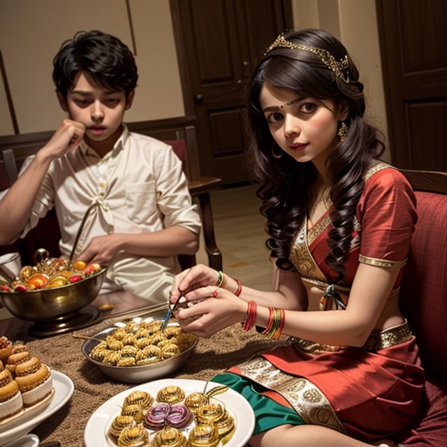 1 elder girl wearing a saree is tying a rakhi on the hand of her younger brother, sweets are kept on the table with rakhi on the table, they are celebrating indian festival of rakshabandhan,anime style,((Rakshabandhan))((((1girl and 1boy))) ((1boy))) , full photo, wide angle shot, (((tying rakhi))) ,RedHoodWaifu