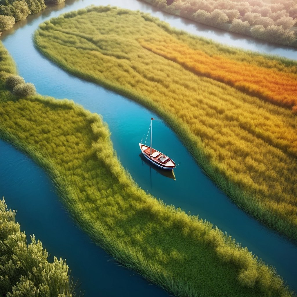 Create an illustration of a boat in the river sailing and clearing the grasses are on both the sides, colorful atmosphere, drone shot, shot from just above ((extremely detailed)) 