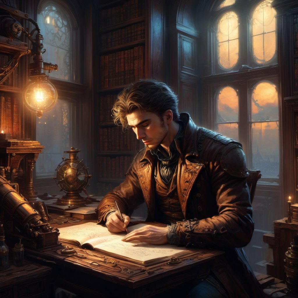 A very handsome young poet trying to compose a poem, he is thinking of past, he has tears in his eyes, low light in his room, sitting close to the study table, close shot inspired by beksinski and dan mumford, trending on artstation, art by greg rutkowski, 8 k,steampunk style