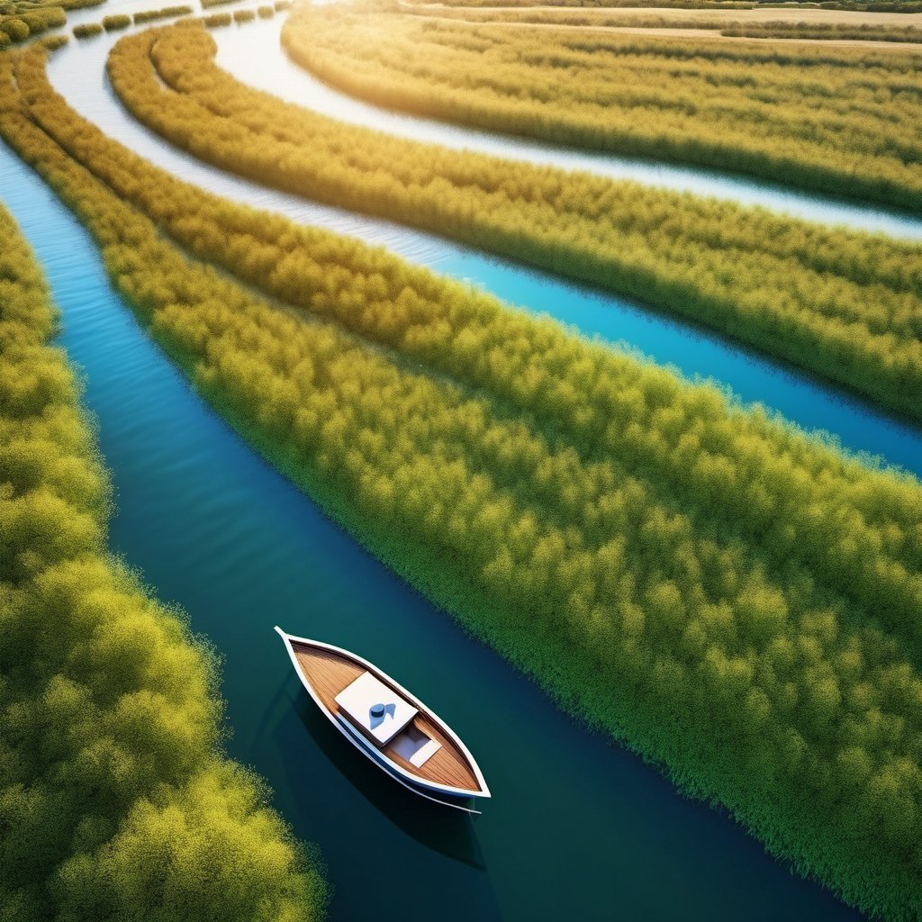 Create an illustration of a boat in the river sailing and clearing the grasses are on both the sides, colorful atmosphere, drone shot, shot from just above ((extremely detailed)) 