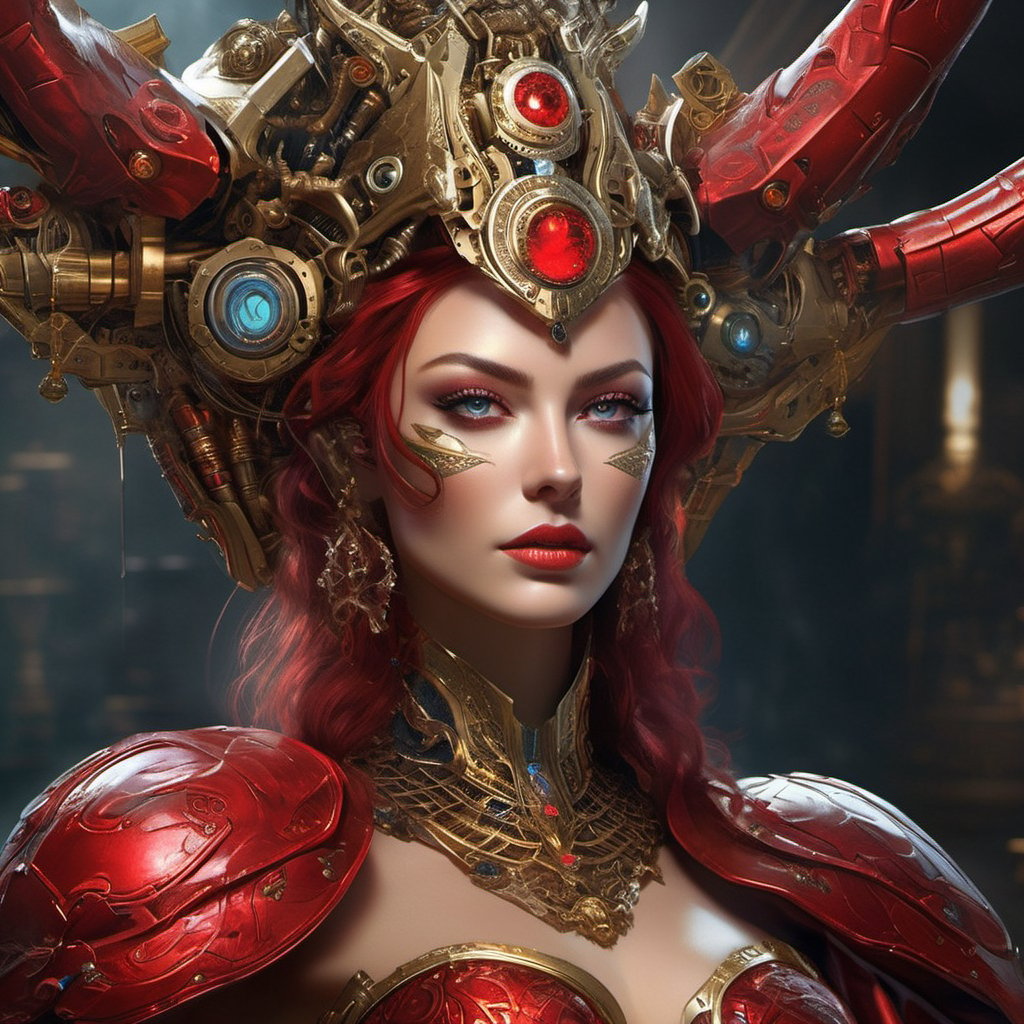 Create an astonishingly realistic and ultra-high-resolution depiction of a royal demon queen in the midst of a mechanic world. The image should exude an aura of both regal elegance and sinister power, transporting the viewer to a realm where technology meets the supernaturalsupernatural, 
The details must be ultra-precise and impeccably clear, capturing the essence of every element. Her face, a masterpiece of ultra-quality craftsmanship, embodies her dual nature. The intricate patterns of her red mechanic majestic crown should shine forth, an emblem of her dominion over both demons and machines. Her big, glowing red eye balls should possess an otherworldly intensity, hinting at the formidable power she wields.((extremely detailed eyes)) 

Render her body in exquisite ultra resolution, showcasing the fusion of her demon heritage and cybernetic enhancements. Clad in a sophisticated red armor adorned with intricate mechanical motifs, she wears a flowing cloak that adds an air of mystique to her presence. Her form is a testament to her beauty and strength, with curves that emphasize both her allure and her physical prowess.

Her red skin and hair, each strand meticulously detailed, evoke a sense of otherworldly grandeur. Metal claws extend from her fingers, their textures reflecting both elegance and lethality. Hints of dried blood on her face and body hint at her unyielding thirst for power and dominance.

Her short hair frames her face with a touch of defiance, and her evil eyes burn with a furious intensity. She wears an expression of controlled anger, a reflection of her bloodthirsty nature and unwavering determination.

The backdrop should convey the mechanic world's brilliance, with bright lights and intricate machinery creating an atmosphere of awe and wonder. Yet, there should also be an underlying sense of darkness, hinting at the queen's malevolent influence.

This portrait transcends mere imagery; it's a testament to the interplay between darkness and splendor, dominance and allure. The combination of her demon heritage and technological prowess should be executed with unparalleled creativity, leaving viewers captivated by her commanding presence, xxmix_girl