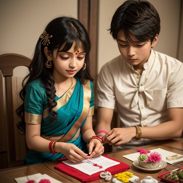 (Masterpiece) An anime illustration of 1 girl wearing a saree, sitting in front of a boy, tying rakhi on the hand of the boy, rakhi is kept on the table, they are celebrating Indian festival Rakshabandhan, anime style, extremely detailed eye ((Rakshabandhan)) (((1girl and 1boy))), ((brother and sister))full photo, wide angle shot, (((tying rakhi on the hand))),Kanna Kamui ,spritehex