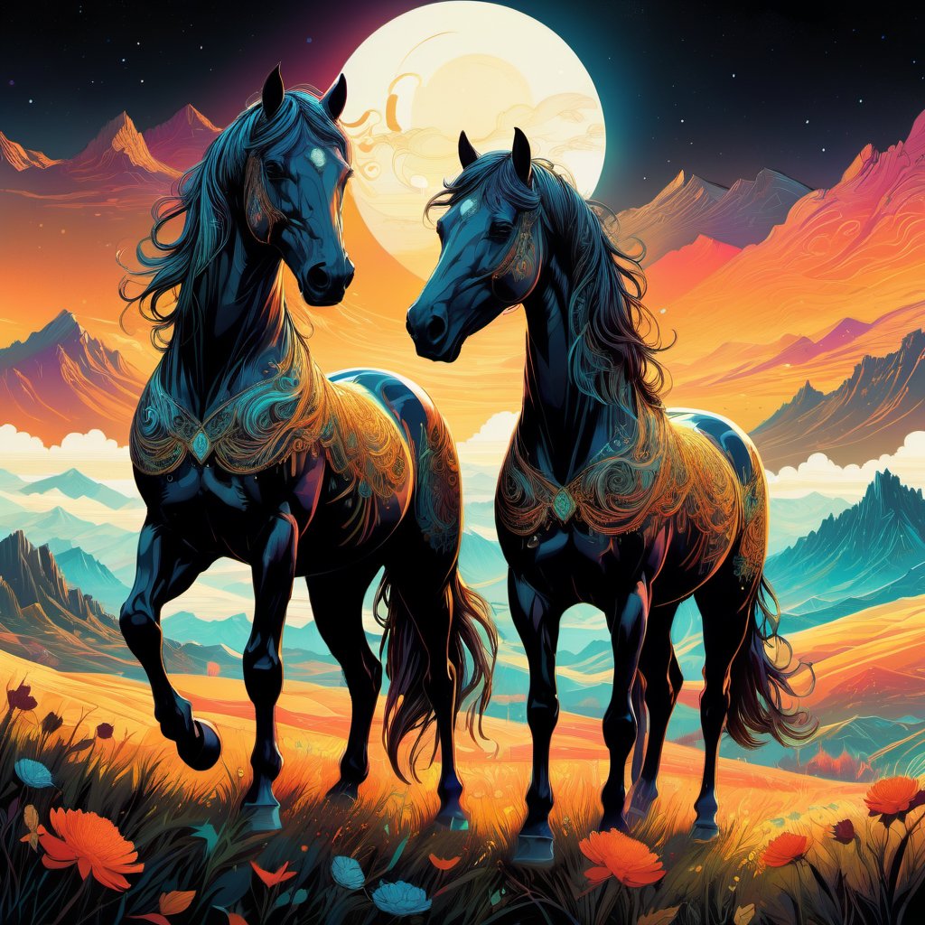 2 horses standing on field with mountain in background infographic with illustrations,psychedelic, by victo ngai, kilian eng rainbow colours, dynamic lighting, digital art, winning award masterpiece, fantastically beautiful, illustration, aesthetically inspired by beksinski and dan mumford, trending on artstation, art by greg rutkowski, 8 k,steampunk style