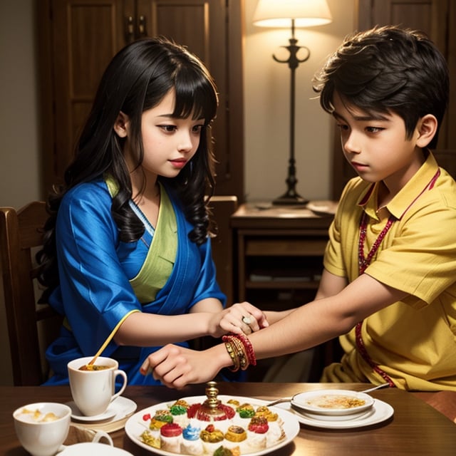 (Masterpiece) (anime illustration) An illustration of 1 girl wearing a saree, sitting beside a boy, tying rakhi on the hand of the boy, rakhi is kept on the table, they are celebrating Indian festival Rakshabandhan, anime style, extremely detailed eye ((Rakshabandhan)) (((1girl and 1boy))), full photo, wide angle shot, (((tying rakhi on the hand))),Kanna Kamui ,spritehex