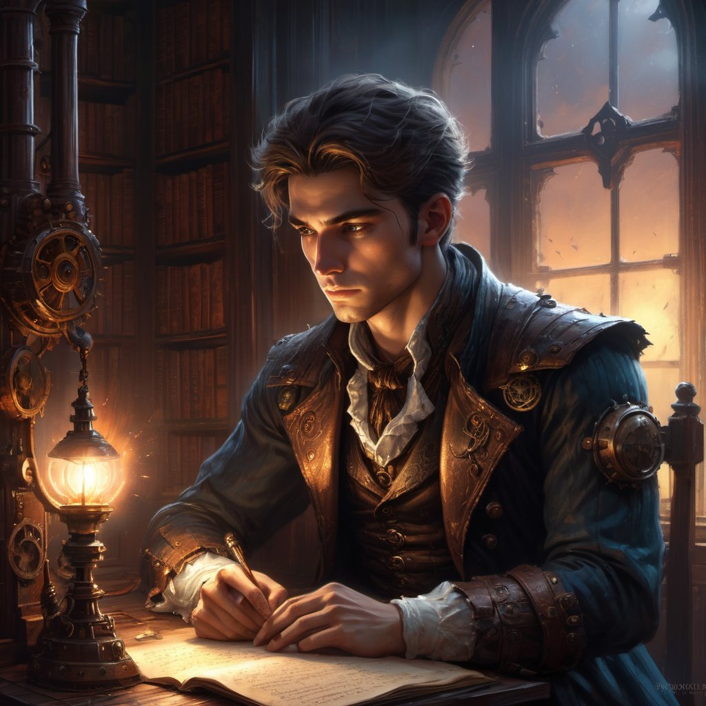 A very handsome young writing a poem, he is thinking of past, he has tears in his eyes, low light in his room, sitting close to the study table, close shot inspired by beksinski and dan mumford, trending on artstation, art by greg rutkowski, 8 k,steampunk style