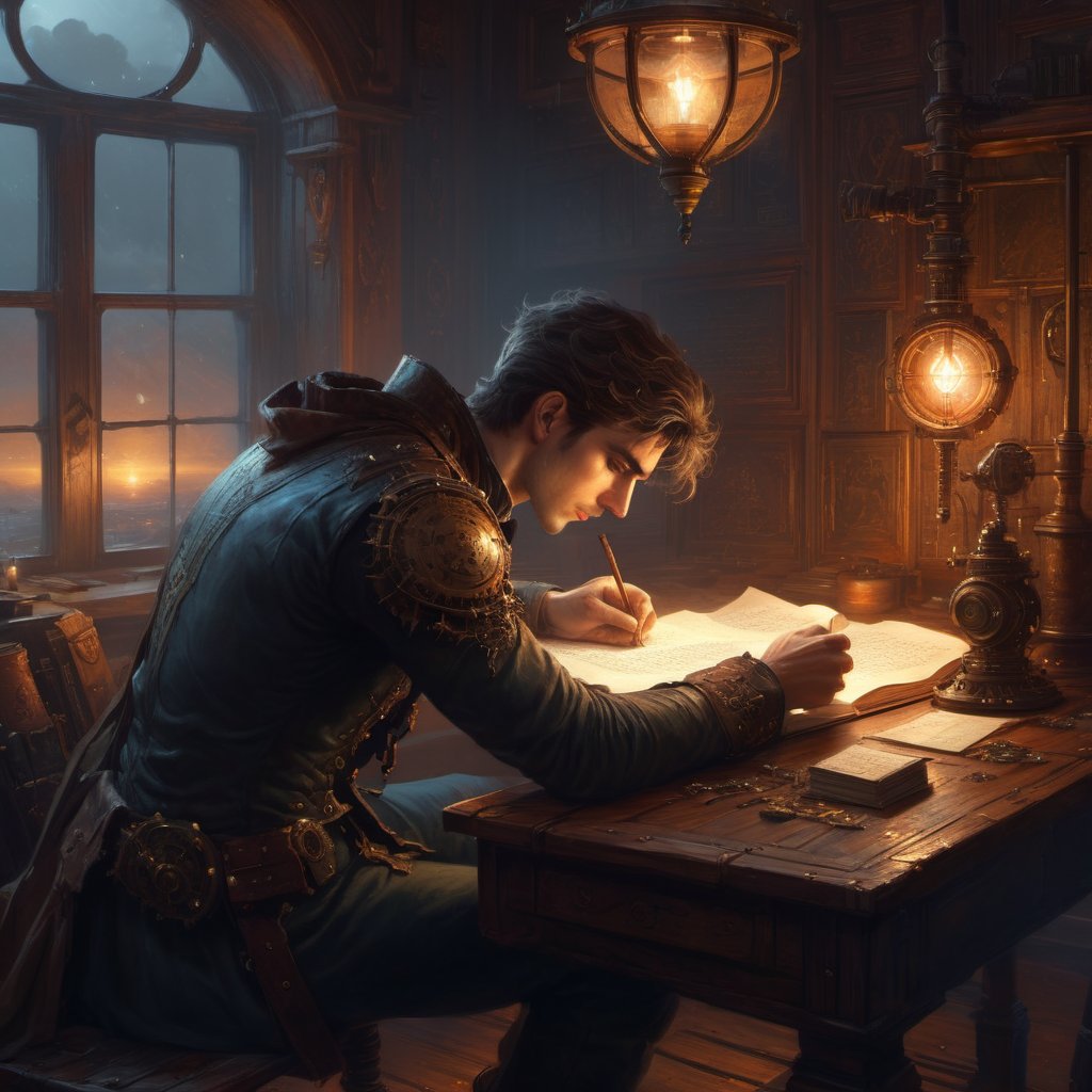 A very handsome young writing a poem, he is thinking of past, he has tears in his eyes, low light in his room, sitting close to the study table, close shot inspired by beksinski and dan mumford, trending on artstation, art by greg rutkowski, 8 k,steampunk style