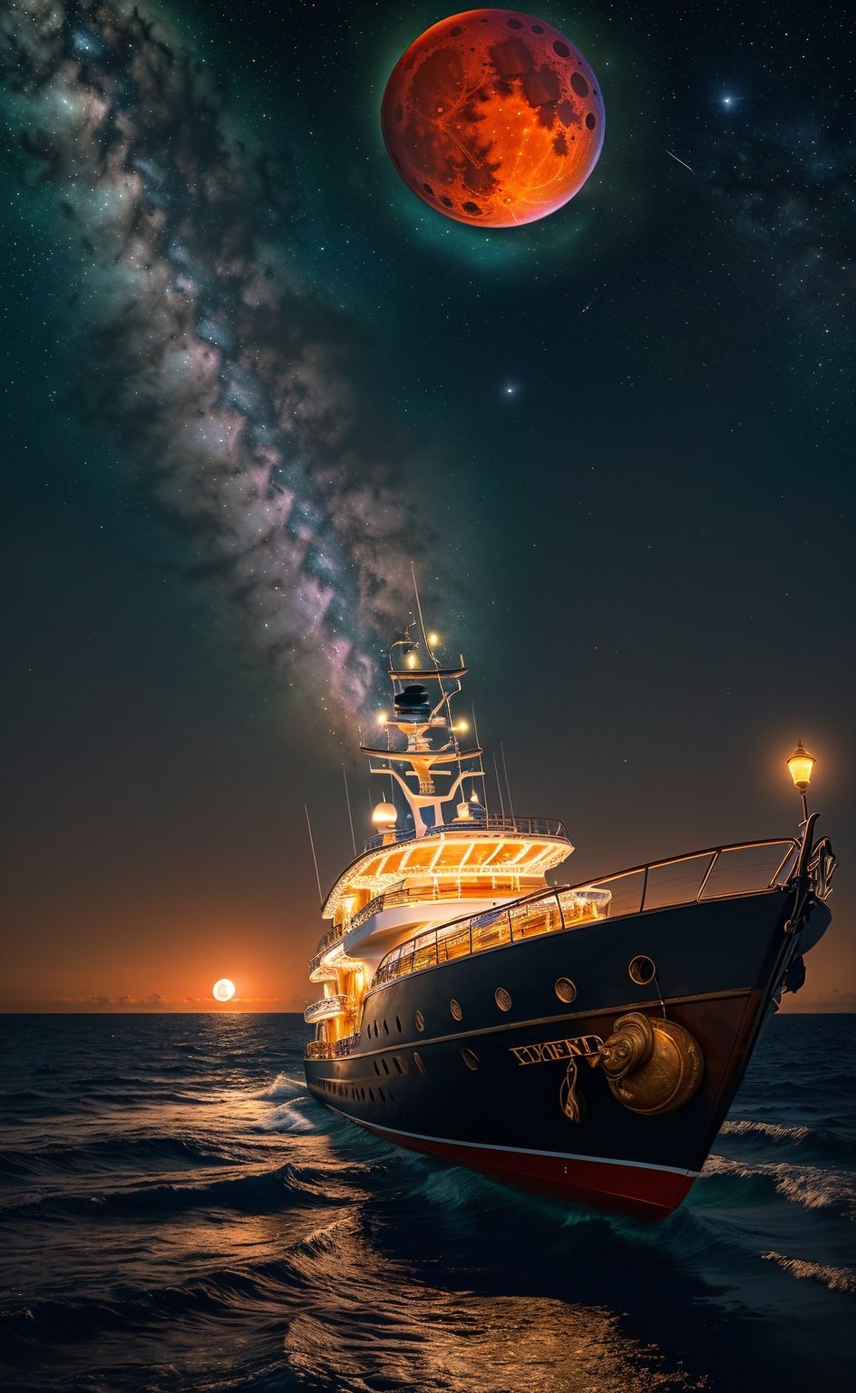 Extremely detailed 8k wallpaper,(Highly detailed:1.1), ((Masterpiece:1.1)) Intricate , fantasy,(1 boat),(Ocean:1.2),[Cruise:Cruise with (Green fire:1.2):0.1], Clear sky ,Wind ,Beautiful sky,(nightsky),(milky ways), (Huge blood moon in the background:1.05), (((extremely detailed))) 