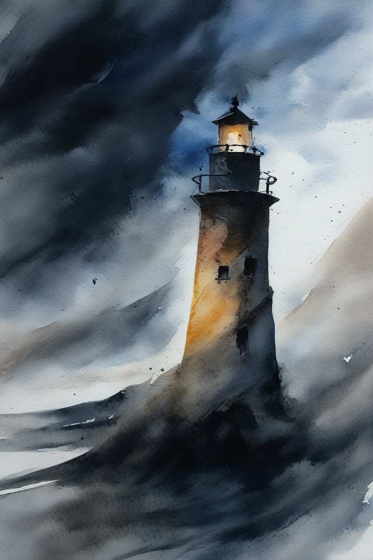 abstract watercolor painting by Zao-Wou-Ki, old stone lighthouse in the storm, night, moon, tempest, waves, moonlight, dark colors, Paint strokes, brush strokes, abstract, crackles,pretopasin