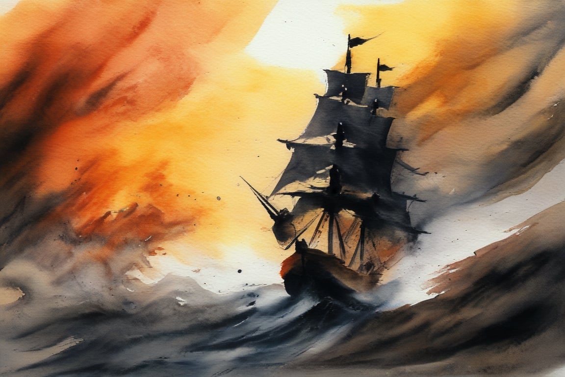 abstract watercolor painting by Zao-Wou-Ki, pirate ship in the storm, sunset, tempest, waves, high contrast, Paint strokes, brush strokes, abstract, crackles,pretopasin