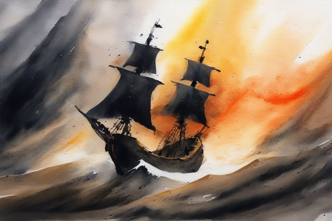 abstract watercolor painting by Zao-Wou-Ki, pirate ship in the storm, sunset, tempest, waves, high contrast, Paint strokes, brush strokes, abstract, crackles,pretopasin