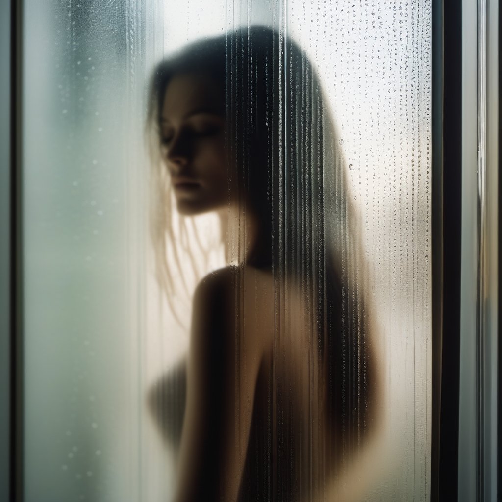 photography of transluscent polished closed glassdoor with visible detailed grain and waterdrops, behind the glassdoor is barely visible the blurry silouhette of a young woman with long hair sensual pose medium shot intimate sensuality muted colors

