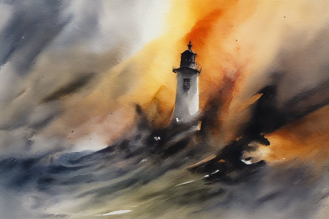 abstract watercolor painting by Zao-Wou-Ki, renaissance harbour, arsenal, lighthouse, dockers, storm, sunset, tempest, waves, Paint strokes, paint knife, crackles,pretopasin