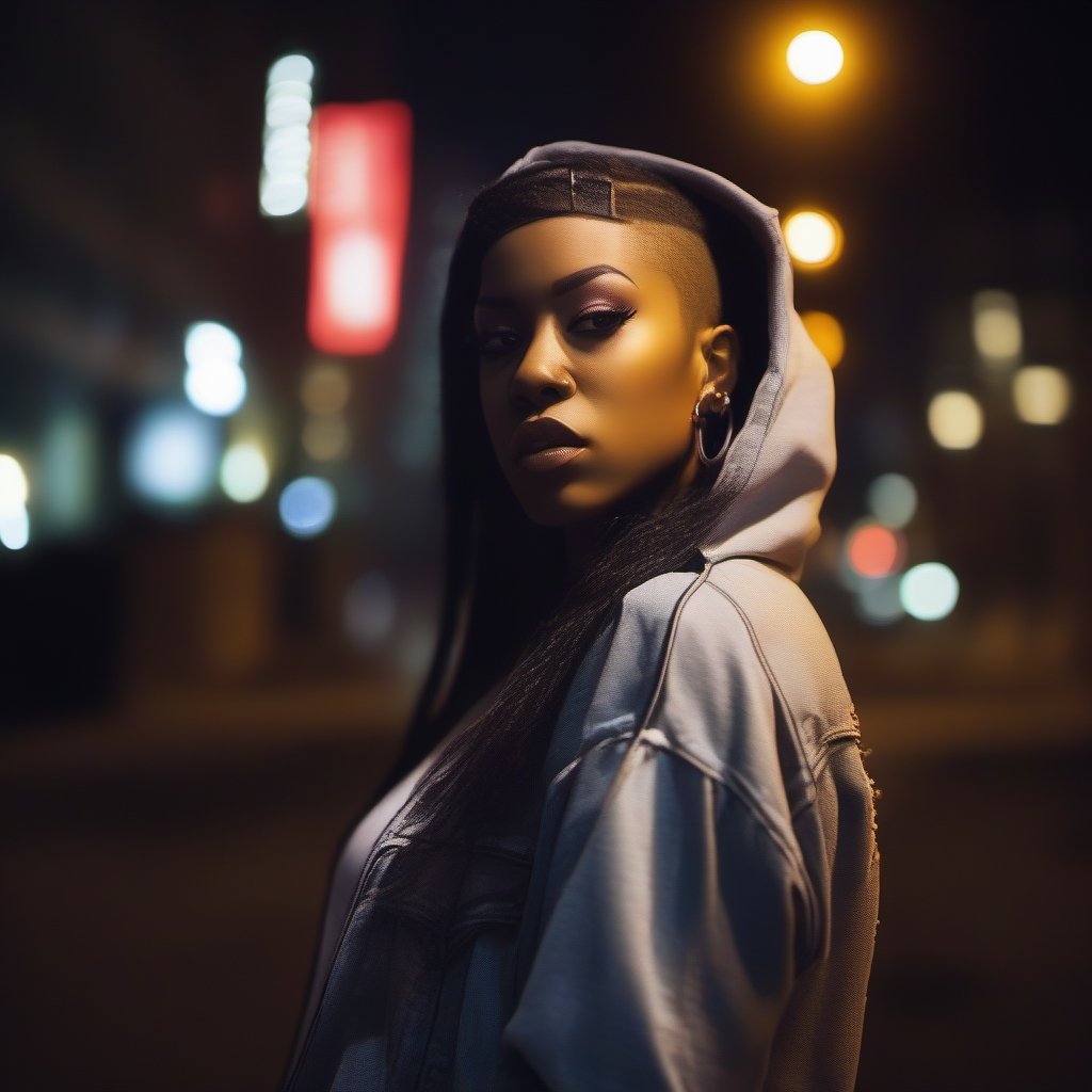 outdoor photograph of female rapper, dynamic, rebel attitude, shallow background, night, city lights, epic lighting

