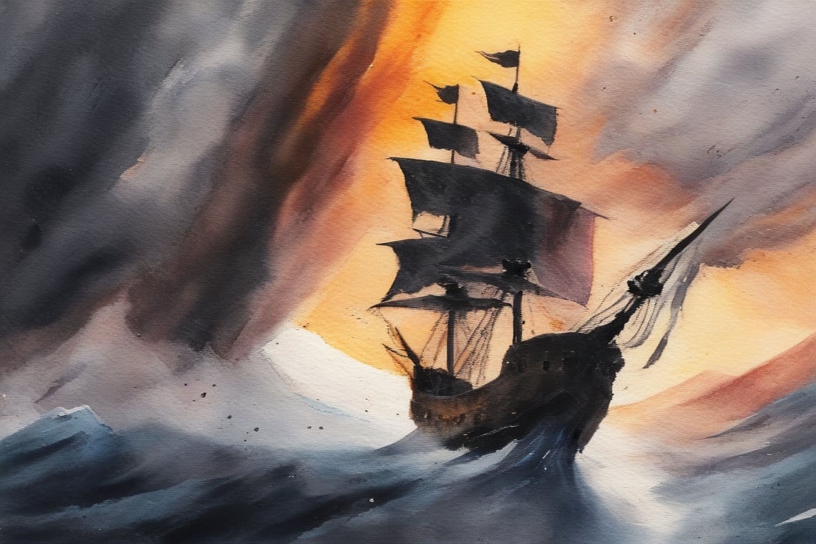 abstract watercolor painting, pirate ship in the storm, sunset, tempest, waves, Paint strokes, paint knife, crackles,pretopasin