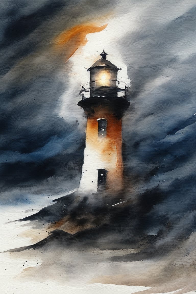 abstract watercolor painting by Zao-Wou-Ki, old lighthouse in the storm, night, tempest, waves, moonlight, Paint strokes, brush strokes, abstract, crackles,pretopasin