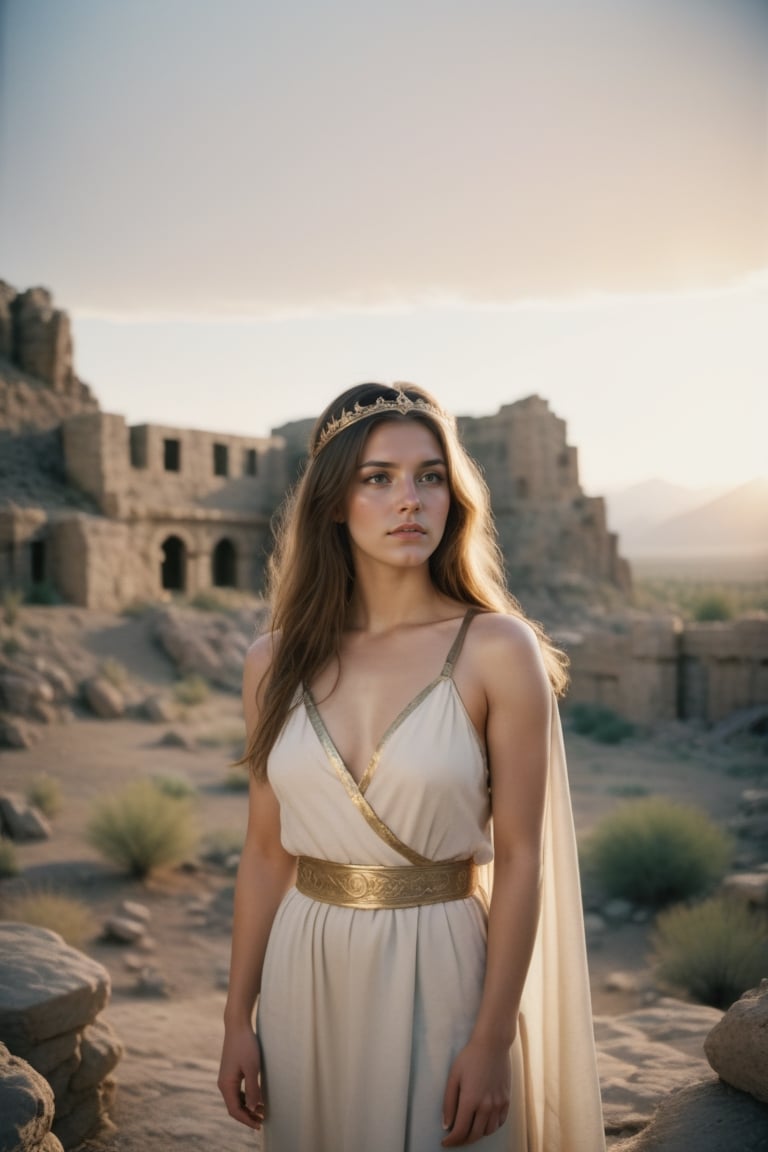 35mm film photography, wide shot, full body beautiful woman, toga, looking away, long hair, tiara, background (desert), medieval ruins, [rocky mountains], sunset, detailed, epic lighting, golden hour