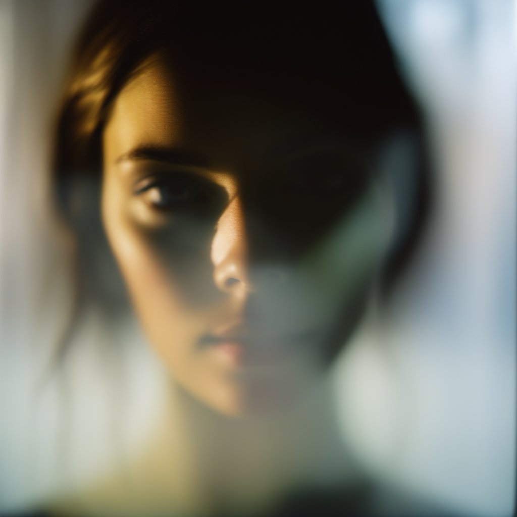 photography of young woman through translucent glass, blurry, silouhette
