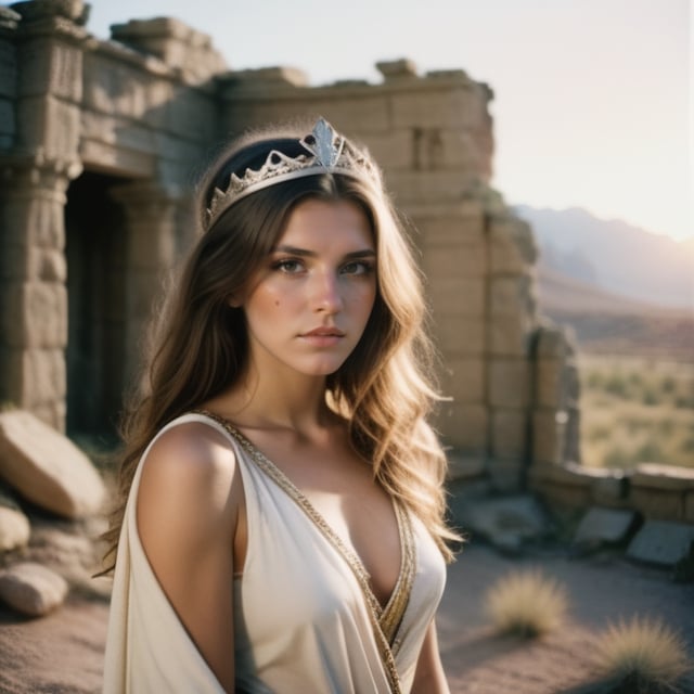 35mm film photography, beautiful woman, toga, long hair, tiara background desert, medieval ruins, rocky mountains, sunset, detailed, epic lighting