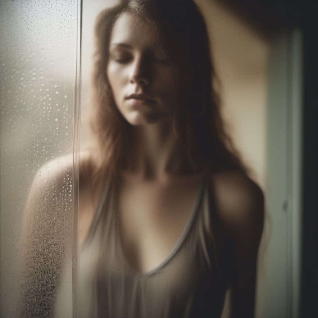 vintage photography of transluscent polished closed glassdoor with grain and waterdrops, behind the glassdoor stands a blurry young woman with long hair wearing a wet tank top sensual pose three quarter medium shot intimate sensuality muted colors


