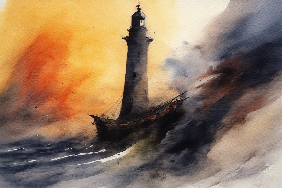 abstract watercolor painting by Zao-Wou-Ki, renaissance harbour, arsenal, lighthouse, dockers, storm, sunset, tempest, waves, Paint strokes, paint knife, crackles,pretopasin