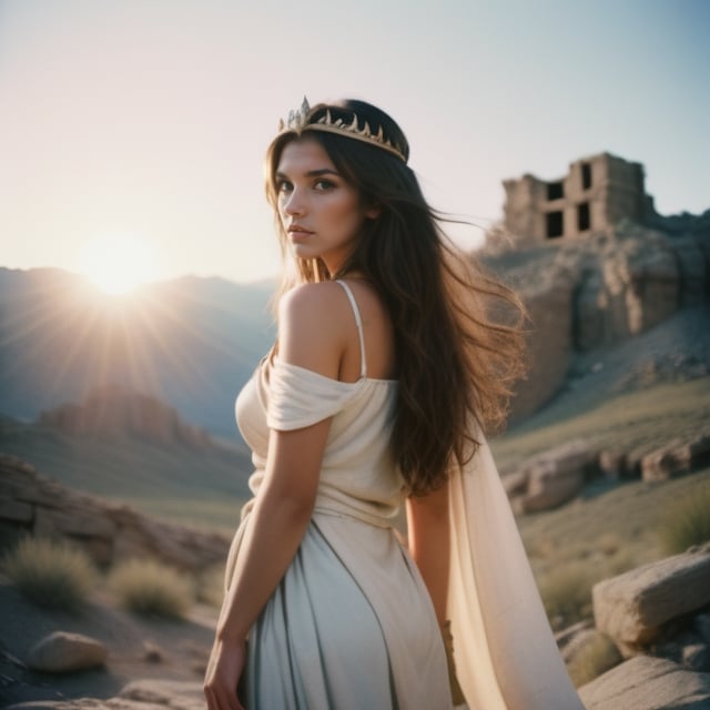 35mm film photography, beautiful woman, toga, long hair, tiara background desert dragon flying, medieval ruins, rocky mountains, sunset, detailed, epic lighting,