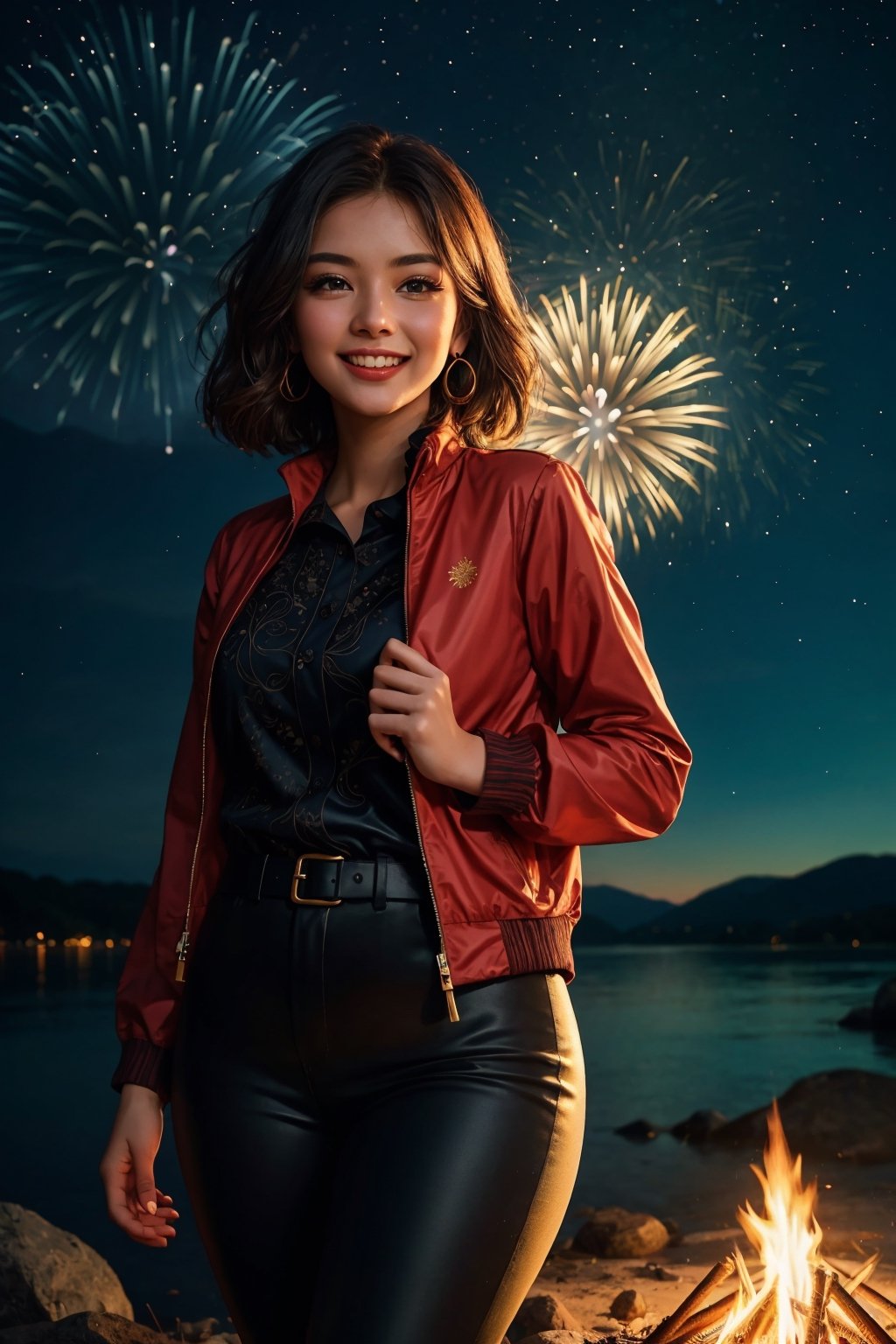 (A breathtaking scene of a beautiful ranggoli lady celebrating New Year's Eve while camping near a serene beach. The girl, adorned in luxurious camping attire and jacket:1.4,bob haircut, stands with her arms stretched wide, basking in the warm glow of the campfire. The fire's dancing flames cast flickering shadows across her face, firework, emphasizing her joyous expression. In the distance, colorful fireworks light up the night sky, painting it with hues of red, blue, and gold. The girl's eyes sparkle as she gazes up at the mesmerizing display, her lips curling into a contented smile. Surrounding her are the gentle lapping waves of the lake, the soft rustling of trees in the breeze, and the intoxicating scent of smoke from the fire. The starry sky above completes the idyllic setting, making this an unforgettable and magical New Year's Eve celebration)., (young and stunningly beautiful woman:1.4), (perfect figure:1.4), (sweet smile), (intricate details:1.4), (add aesthetics details), cinematic shot, dynamic lighting, 75mm, Technicolor, Panavision, cinemascope, sharp focus, fine details, 8k, HDR, realism, (realistic), key visual, film still, superb cinematic color grading, depth of field, natural beauty, (clothing tucked in:1.4),(masterpiece-anatomy-perfect),. (wearing tight pants),(close-up portrait:1.4),